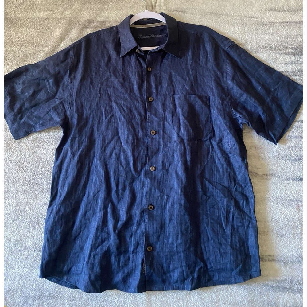 Tommy Bahama Mens Large‎ Navy Blue 100% Linen Herringbone Short Sleeve Shirt L
